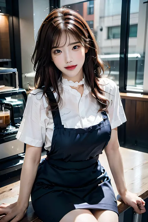 (Photorealistic:1.8, highest quality:1.8,8K masterpiece:1.8,High resolution,Mastepiece:1.8,RAW Photos,Cinematic lighting),No split screen、(girl working at a coffee shop、She is making coffee in a machine）、Brown apron、
（choker、Medium chest、White Shirt、OL aff...