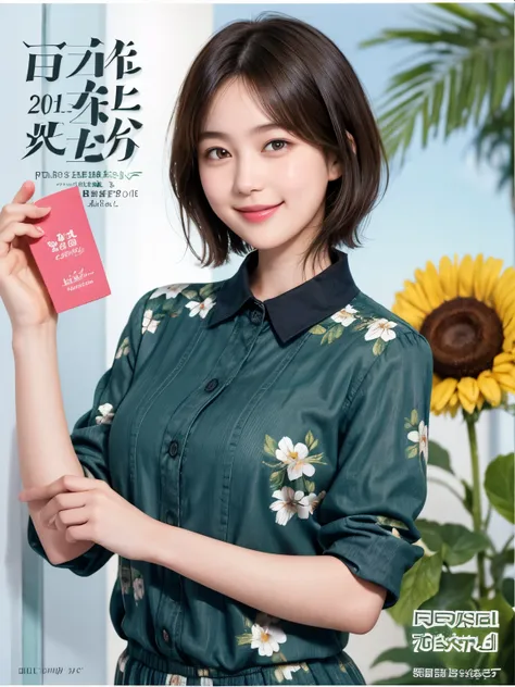 215 short hair, 20-year-old woman, a kind smile, floral