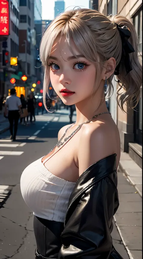 Urban beautiful girl college student, masterpiece, light makeup, red lips, silver hair, messy long hair, street background, beautiful, elegant. super fine details, master works, authentic texture, cinematic lighting realism, perfect job, 16K, hd, exquisite...