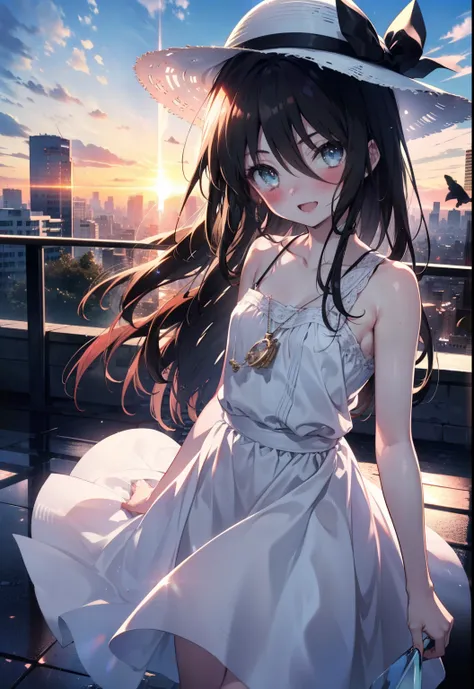 Shana,灼眼のShana,Ahoge,Long Hair,Black Hair, black eye, Small breasts,smile,blush,Open your mouth,Sleeveless dress,Bare shoulders,bare clavicle,Bare neck,Rocket Pendant,White hat,Long skirt,Cute heeled sandals,Looking down from above,sunset,evening,The sun i...