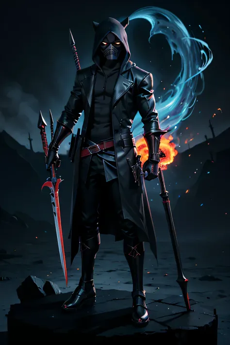 character full body shadow grim reaper anime style best quality masterpiece holding a big sscythe with mask on and dark background with mystical fumes oozing out muscular build with full clothes on and dark assassin type clothes standing in a scary pose