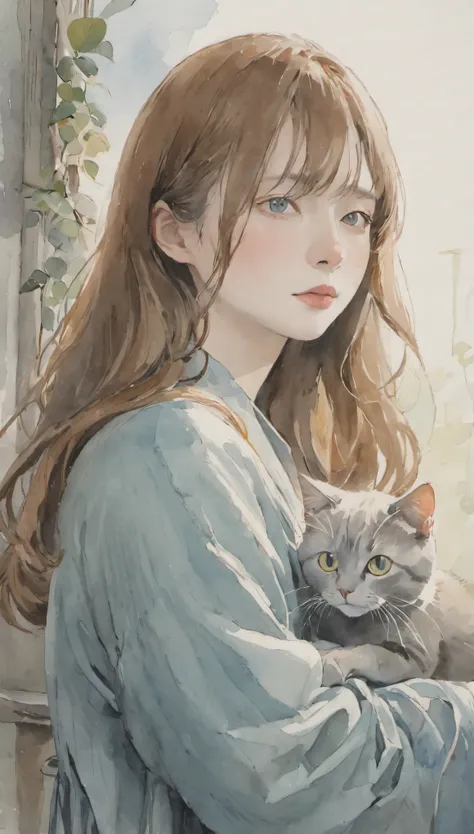 watercolor、pale colour、the cat returns、one woman、🐱、expressionless