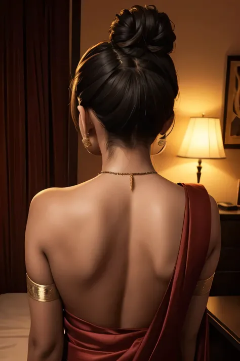 Sexy woman who is wearing a backless blouse and a saree and hair tied in a bun, tiny room, dark room, one lamp, sweaty, pleasure