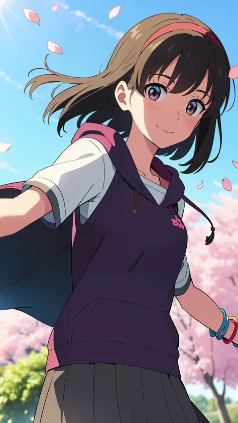 shinkai makoto, kimi no na wa., 1girl, bangs, black hair, blush, bright eyes, brown eyes, red headband, looking at the viewer, hood, hoodie, skirt, blue skirt, short sleeves, short hair, medium breasts, solo, day, outdoors, shiny skin, standing, shadow, sm...