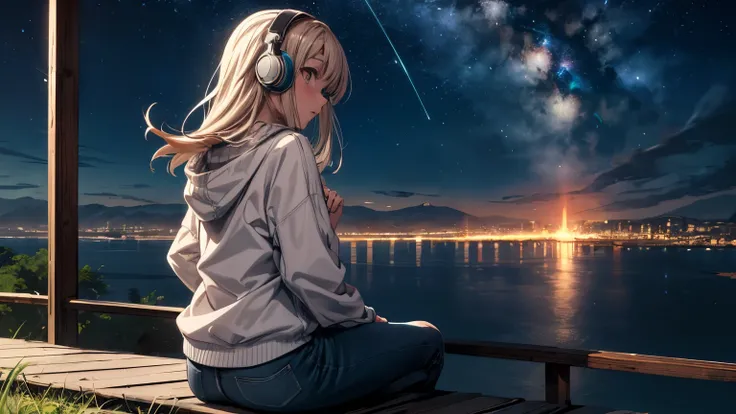 ((highest quality))Anime style with an early 80s city pop culture vibe, Studio Ghibli vibe, cute!
A girl relaxes on a hilltop overlooking the ocean, gazing up at the night sky. She is wearing headphones and long-sleeved clothes. She is facing back. A pleas...