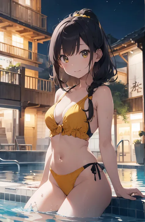 High resolution、A silver-haired girl drawn in the style of Japanese anime、Person sitting on a swim ring in an empty resort night pool々Status。She is wearing a glamorous yellow bikini、Yellow swimsuit､The pool is beautifully lit、The surroundings are quiet and...