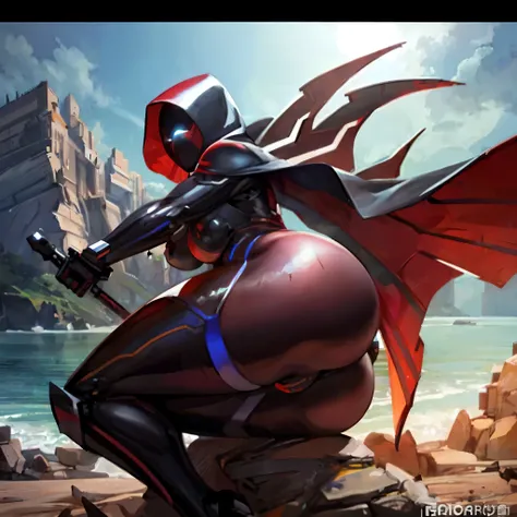 Robot girl, hips, wearing a hood with a cape, perched on a rock, shoreline, beautiful thighs, curvaceous butt, captivating legs, cool robotic mask, super tall, one person, ass support, holding staff, (best quality,4k,8k,highres,masterpiece:1.2), ultra-deta...