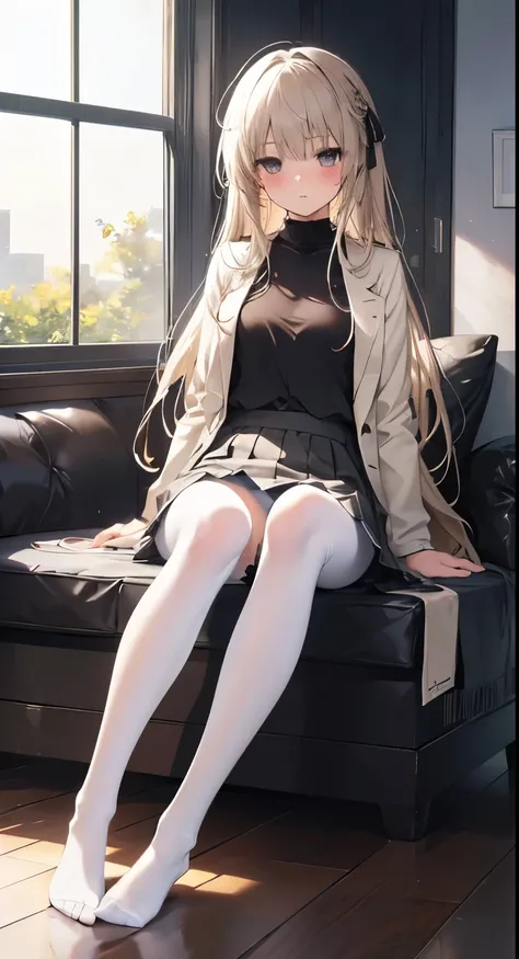 highest quality, masterpiece, High resolution, (Head to Toe full body), front, frontやや下からの構図, Symmetric, 18 year old tall girl, alone, (Head to Toe), (Small breasts), Unkempt brown hair, bangs, (black tights), (Black Pantyhose), (Sit with your legs apart),...