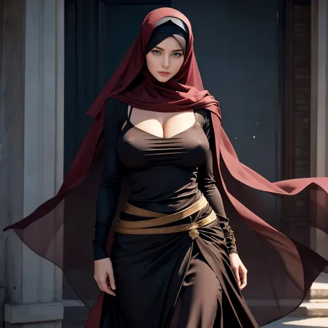 Very tall、Big breasts、The waist is also large、With a muscular body、European woman with blue eyes and brown hair ,wear hijab(Veil),A stylish black flared skirt and a stylish silk burgundy top (Fully covering clothing )