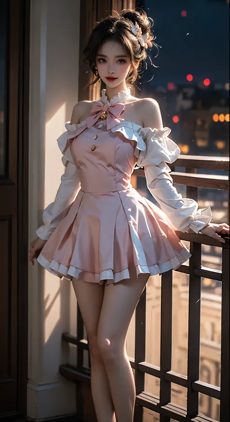 cyb dress, long sleeves, puffy long sleeves, bow,pink dress, ((bare shoulders)), ((full breasts)), ((the skirt is short)), ((sex...