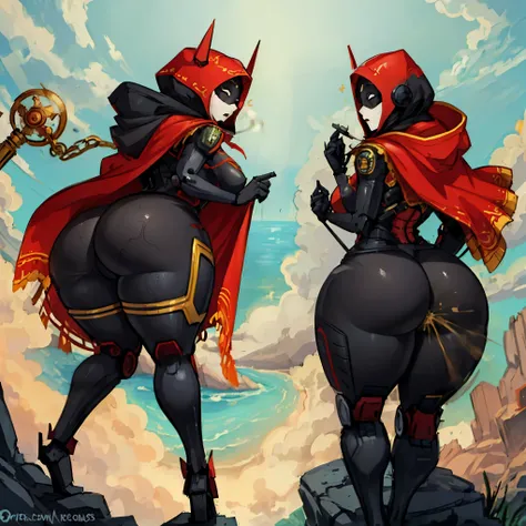 Robot girl, hips, wearing a hood with a cape, perched on a rock, shoreline, beautiful thighs, curvaceous butt, captivating legs, cool robotic mask, super tall, one person, ass support, holding staff,  vibrant lighting, ((fart,farts,farting))