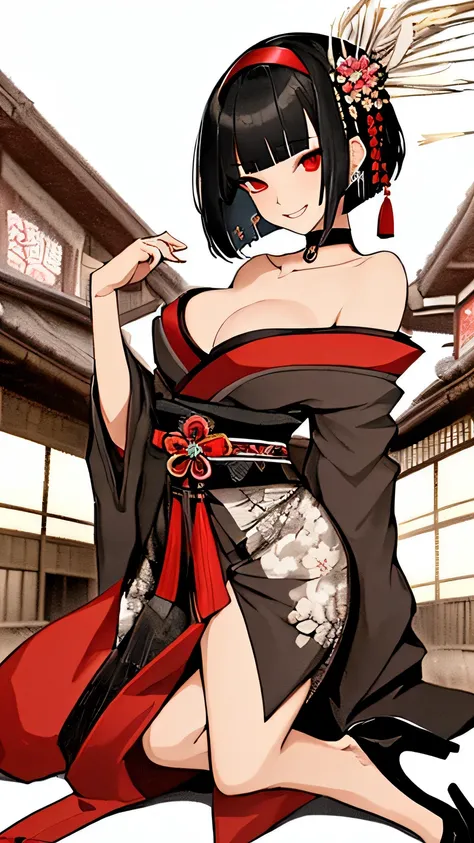 master peace,high quality,best quality,black hair,bob cut,solo, blunt bangs,red eye, seductive smile, high heels, strapless,off shoulder,white headband, hair ornament,earring,black choker, japanese mythology,