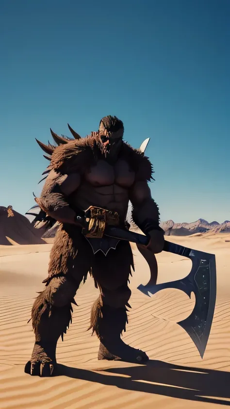 A monster with multiple hands holding big and sharp axe in desert