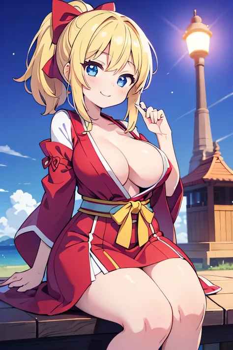 Naughty woman 、13 years old、Shrine maiden costume、Unbuttoned、anime, anime movie, Twinkle smile, pale blue eyes, Blonde ponytail、plump breasts、slender、