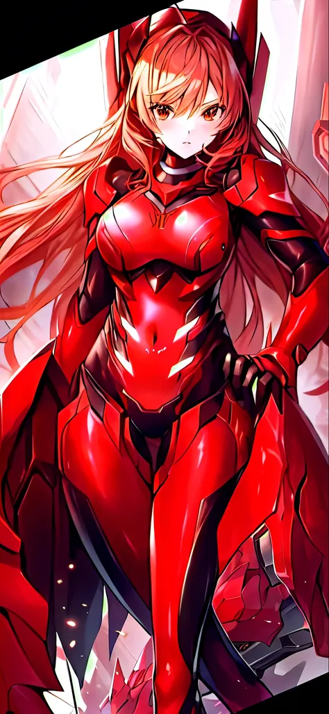 anime girl in red outfit with horns and cape, red armor, lady in red armor, zero two, girl in mecha cyber armor, high-tech red armor, full body zenkai! asuka suit, asuka langley, asuka langley sohryu, asuka langley soryu, red heavy armor, asuka langley sou...