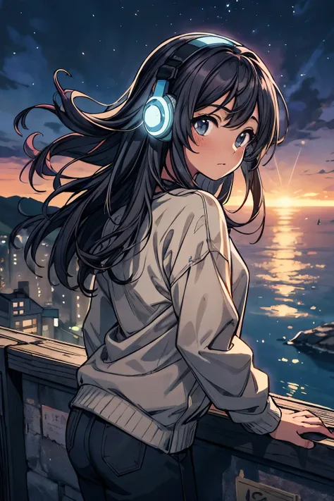 ((highest quality))Anime style with an early 80s city pop culture vibe, Studio Ghibli vibe, cute!
A girl relaxes on a hilltop overlooking the ocean, gazing up at the night sky. She is wearing headphones and long-sleeved clothes. She is facing back. A pleas...