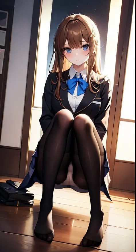 highest quality, masterpiece, High resolution, (Head to Toe full body), front, frontやや下からの構図, Symmetric, 18 year old tall girl, alone, (Head to Toe), (Small breasts), Unkempt brown hair, bangs, (black tights), (Black Pantyhose), (Sit with your legs apart),...