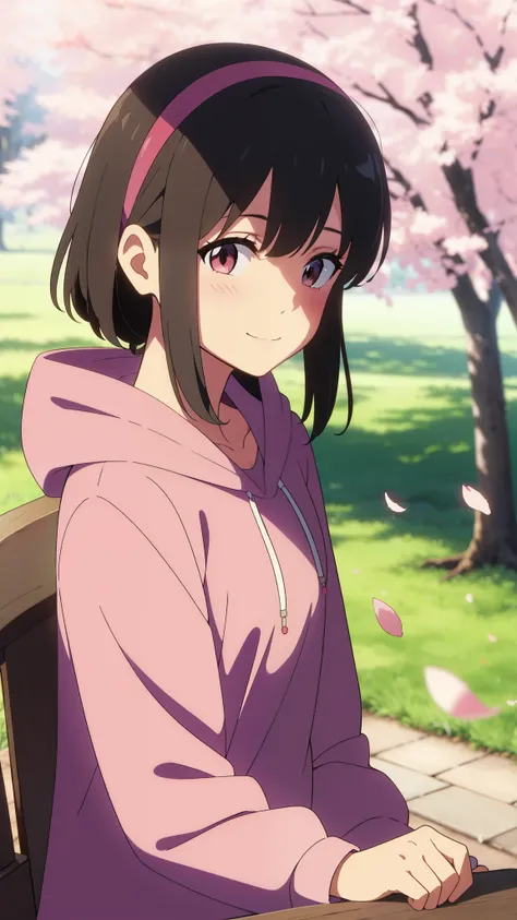 shinkai makoto, kimi no na wa., 1girl, 1boy, bangs, black hair, (boy wear hood, hoodie), ((girl wear hood, hoodie, red headband), blush, brown eyes, red ribbon, short hair, smile, cute, beautiful, love, adorable, couple, dating, looking at the viewer, cher...