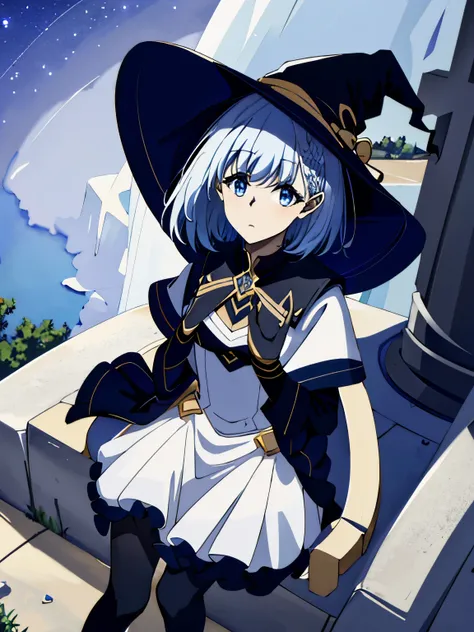 ((Masterpiece:1.2, Best quality)), Beta Solo, (Witch hat), silver hair, short hair, dress, aurora, Night, Star (sky), mitts, sky, White dress, Night days