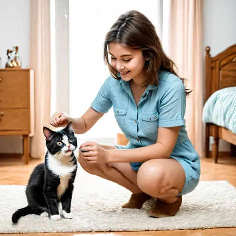 a girl playing with a cute cat