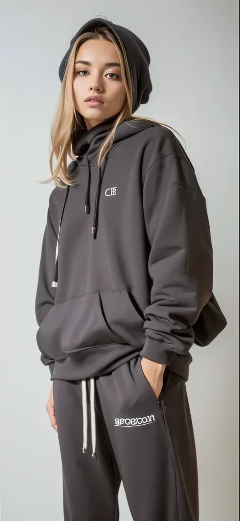 a woman in a grey capuz and sweatpants standing against a wall, wearing an superdimensionado capuz, superdimensionado capuz, grey capuz, gray capuz, superdimensionado, cinza escuro, girl wearing capuz, capuz, cinza, wearing a capuz and sweatpants, wearing ...