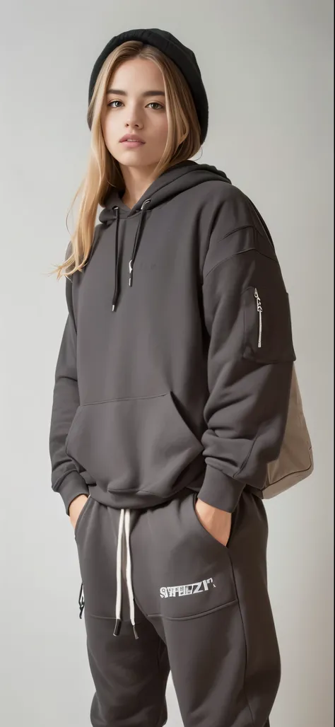 a woman in a grey capuz and sweatpants standing against a wall, wearing an superdimensionado capuz, superdimensionado capuz, grey capuz, gray capuz, superdimensionado, cinza escuro, girl wearing capuz, capuz, cinza, wearing a capuz and sweatpants, wearing ...