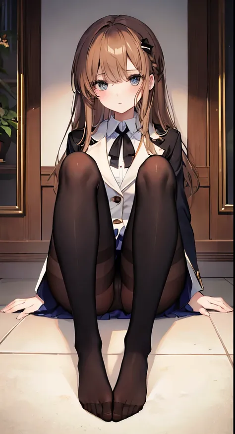 highest quality, masterpiece, High resolution, (Head to Toe full body), front, frontやや下からの構図, Symmetric, 18 year old tall girl, alone, (Head to Toe), (Small breasts), Unkempt brown hair, bangs, (black tights), (Black Pantyhose), (Sit with your legs apart),...