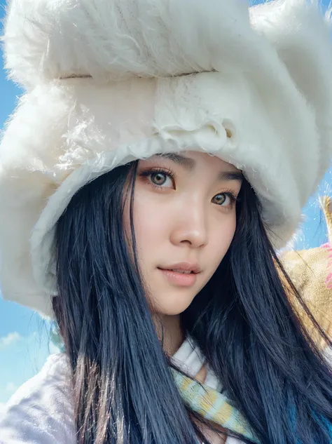 un primer plano de una mujer que llevaba un sombrero peludo y una bufanda, shaxi, Xintong Chen, con pelaje blanco y esponjoso, Lulu Chen, Xision Wu, ulzzang, pelaje esponjoso y esponjoso, bella delfina, parque roseanne de blackpink, foto de perfil, Young c...