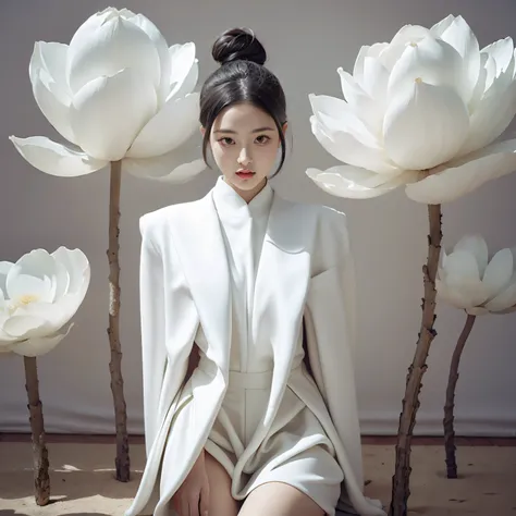 a girl，solo，giant lotus leaf，black hair，dress，looking at the audience，white skirt，hair bun，
sitting，单hair bun，leaves，long sleeve...