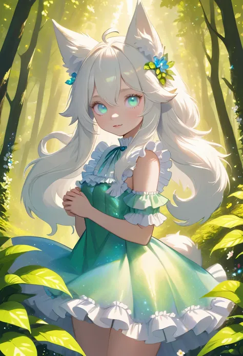 best quality, super fine, 16k, incredibly absurdres, extremely detailed, cute white wolf beast girl, big ears, iridescent blue eyes, wearing cute frilly dress with white frills, background flowers in full bloom, fresh green forest, and sparkling sunlight