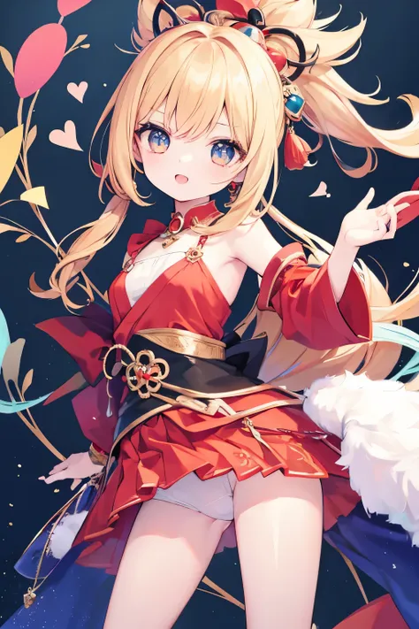 Very beautiful and Shining Eyes、Shining Eyes、((1 girl))、Small breasts、Big Mouth、Childish clothes、7-year-old girl,highest quality, masterpiece, High resolution, alone, {yoimiya_Genshin Impact:1.15},young, blonde_hair, 前hair, hair_ornament, ponytail, 1 femal...