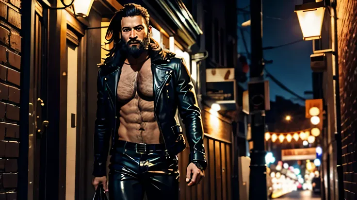 MAN 40 YEARS OLD WITH BEARD AND HAIRY CHEST WEARING LEATHER PANTS IN A DARK ALLEY
