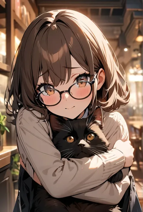 masterpiece),Best Quality,Beautiful eyes, ((Ultra-detailled)), ((detailed background)), 1 girl, short brown hair, brown eyes, glasses, hugs 