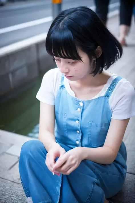 20-year-old girl with short blue hair and two-block style, looking down and crying