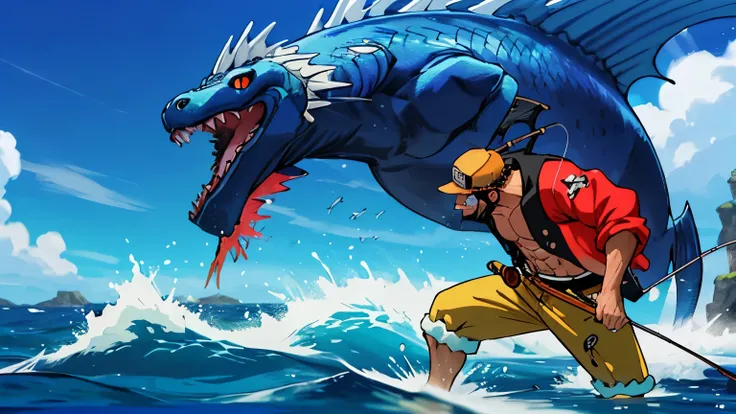 One Piece male fighter badass caractere with fishing rod, fighting position, detailed face, detailed clothes, does a special technique with his fishing rod against a sea beast
