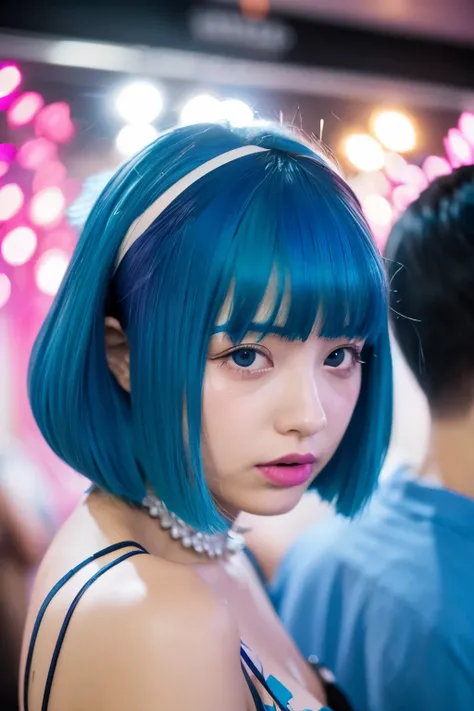 Blue hair, two-block, short hair, 20-year-old girl, party girl style, crying