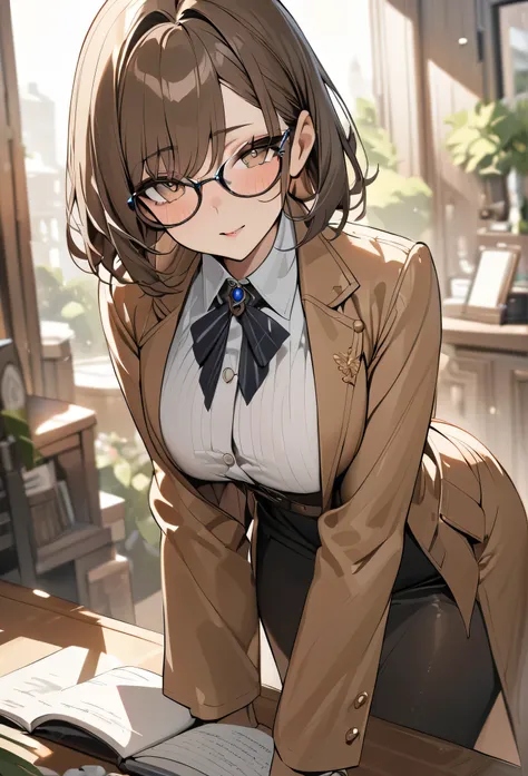 masterpiece),Best Quality,Beautiful eyes, ((Ultra-detailled)), ((detailed background)), 1 girl, short brown hair, brown eyes, glasses,