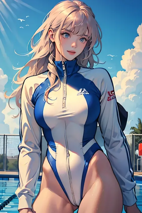 masterpiece、highest quality、High resolution、Two realistic girls、Competitive swimmer、Close-up of a person、Wearing a white bodysuit、During Competitive swimmerics competitions、smile、Swimming Venues、Sexy competitive swimsuit 