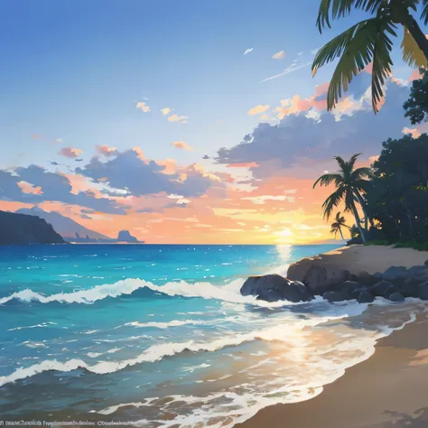 Blue Coast: A breathtaking seascape painting with the highest details and masterpiece quality. The coastline is adorned with vibrant azure waters that gently lap against the shoreline, creating a serene and tranquil atmosphere. The sun begins to set, casti...