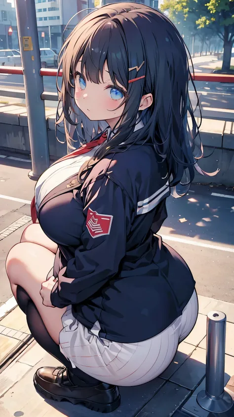 (masterpiece), (1 serious public discipline chairman: 1.3), (super thick and plump body: 1.3), (huge breasts and butt)), (small head: 1.2), (extremely small uniform)), (shiny skin: 1.2), (speech while crouching on the schoolyard morning stand))