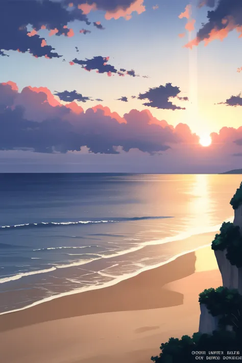 Blue Coast: A breathtaking seascape painting with the highest details and masterpiece quality. The coastline is adorned with vibrant azure waters that gently lap against the shoreline, creating a serene and tranquil atmosphere. The sun begins to set, casti...