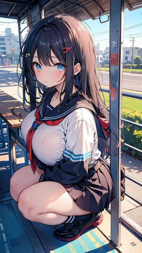 (masterpiece), (1 serious public discipline chairman: 1.3), (super thick and plump body: 1.3), (huge breasts and butt)), (small head: 1.2), (extremely small uniform)), (shiny skin: 1.2), (speech while crouching on the schoolyard morning stand))