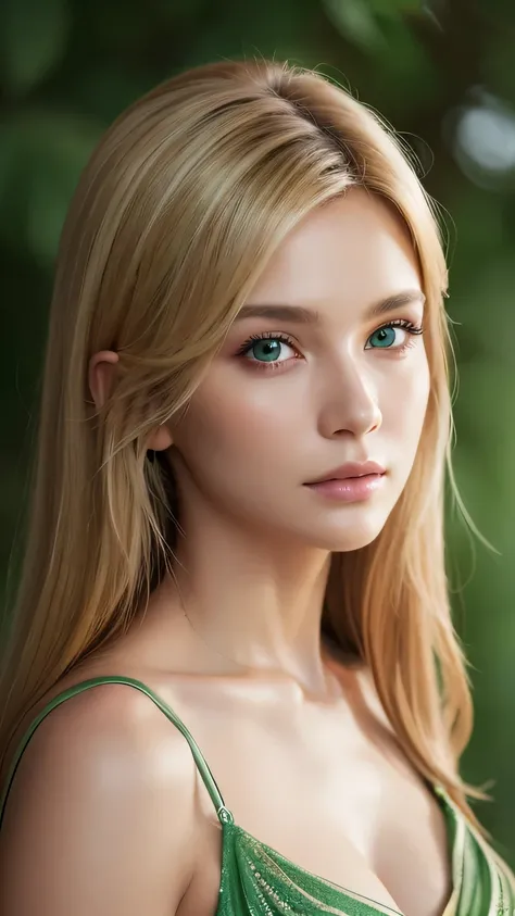 Mastepiece, Best Quality, Photorealistic, Super detailed, Fine details, High resolution, 8k wallpaper, RAW color photos, Professional, High level of detail, pretty blonde woman. Sharp Focus, Award-winning photography, (Emerald green dress), (Cleavage), (Fa...