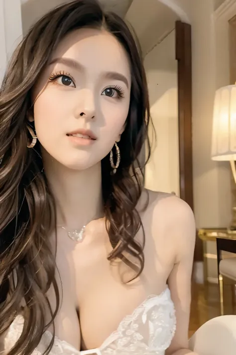 Beautiful woman with perfect body：1.4，Layered Hairstyle，Prominent cleavage，Highly detailed face and skin textures，Double eyelids，Skin Whitening，Long hair，Whitened long legs；Tube Top