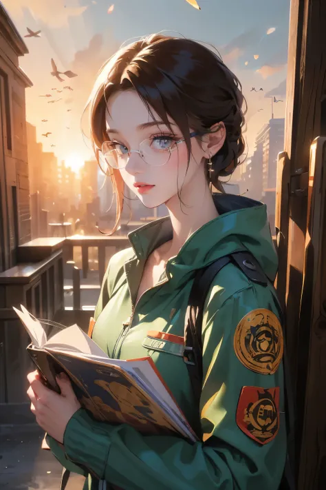 Wide angle, a pretty girl messenger, wearing large glasses, undercut hair, wearing postal uniform, in a post-apocalyptic world