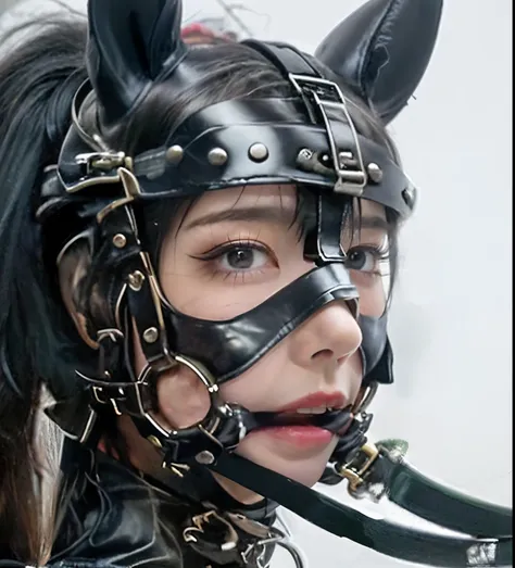 (masterpiece), (best quality), (ultra-detailed), (realistic, photo-realistic:1.2), looking at another,pony girl,bit gag,bondage