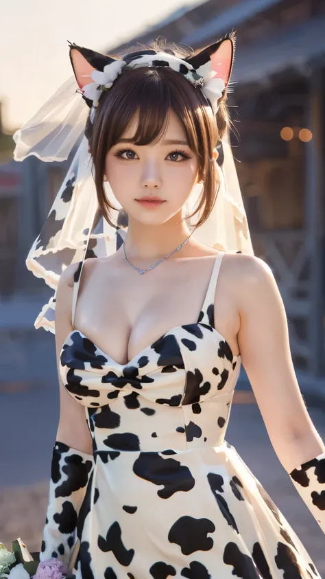 Masterpiece, 4K, bokeh, high school girl, (Cat ears:1.3), (Wedding:1.4), (Cow pattern dress:1.4), Looking at the viewer, sunset Chappell,