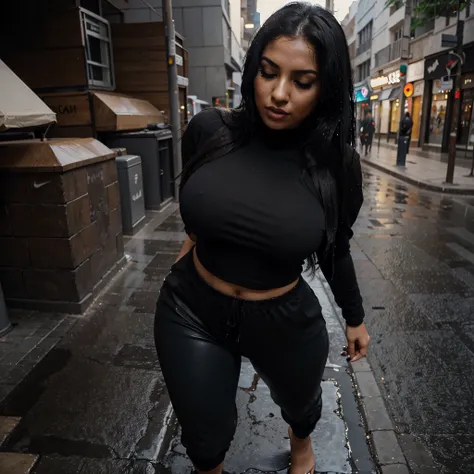 Arabic Woman, beautiful, sexy girl, ultra realistic, young woman, very large bust, large ass, big bouncy ass, busty, very sexy, Alluring, Tempting, Moody street setting, high camera angle, Dramatic portrait style, skinny curvy, very big bust, huge breasts,...