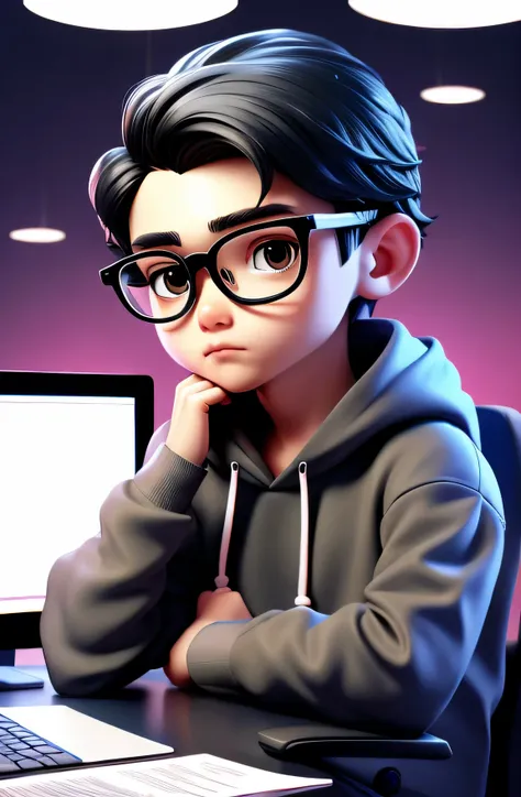 masterpiece, a handsome boy is writing, glasses,   modern hoodie , black hair, chibi style, computer, screens in the background