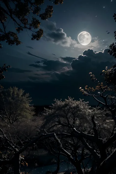 night moon, clouds, branches of trees with leaves, dark night, high in detail, remove artifitial image